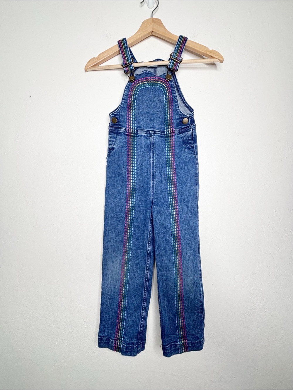 Hanna Andersson Rainbow Embroidered Denim Overalls Size 5